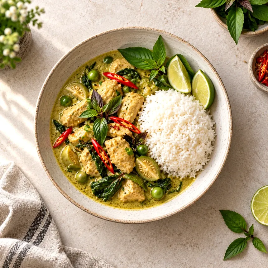 Green curry with jasmine rice — a Thai meal Ayunara can plan and scan
