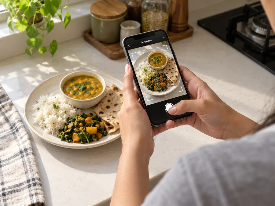 Someone photographing a plate of dal, rice and sabzi with the app