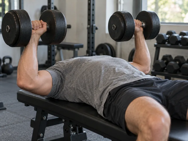 A dumbbell press, mid-rep