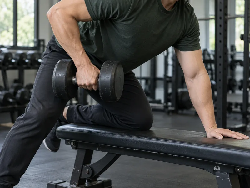 A single-arm dumbbell row, mid-rep